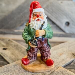 Vintage Folk Art Santa Dressed Up As Clown w/ Musical Instrument, Christmas, 6"H